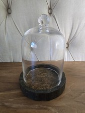 Vintage Round Glass Display Dome Cloche Antique Rustic Wooden Base Heavy Glass picture