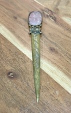 Antique Chinese Republic Brass Letter Opener Hand Carved Rose Quartz Shou Cicado picture