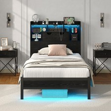 Twin Size Bed Frame with LED Charging Station & Lights, Metal Platform Bed Frame picture