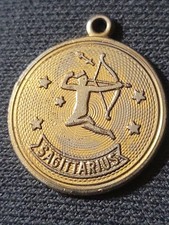Vintage 1970s Sagittarius Zodiac Pendant Gold Tone Textured Medallion Charm  picture