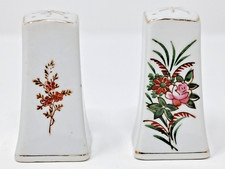 H. Kato Occupied Japan Salt & Pepper Shaker Set white ceramic hand painted flora picture