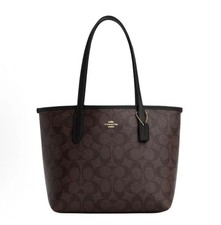 NWT COACH CU759 Small City Tote Signature Coated Canvas Black Brown Outlet New picture