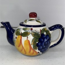 Casa Vero ACK Hand Painted Fruit Teapot With Lid Pears Grapes Apple Blue picture