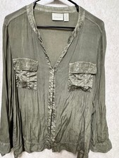 Chico's Sequin Accent Pocket Utility Shirt Olive Green Roll Tab Sleeve Size 3 XL picture