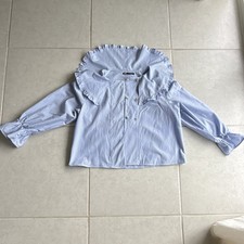 Zara Women's Blue White Gingham Ruffle Collar Button Front Woven Cotton L picture