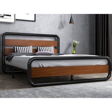 Queen Heavy Duty Modern Industrial Metal Wood Platform Bed Frame with Headboard picture