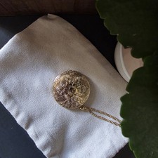 Vintage 12K Gold Filled Floral Locket Necklace Large Round Embossed GF Chain picture