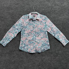 Talbots Non Iron Paisley Button Up Shirt Womens 10P Petite Teal Pink Stretch picture