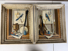 Framed 20x16 Still Life Oil Paintings Set of 2 Birds Banjo Violin Candlestick picture