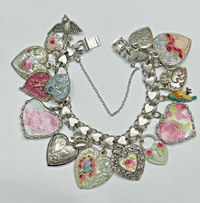 Vintage Puffy Heart Charm Bracelet Sterling Silver Estate Charms Mixed Metals US picture