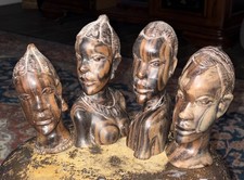 Vtg Ebony Wood African Tribal Head Bust Sculpture Lot Of 4 Hand Carved 1950s picture