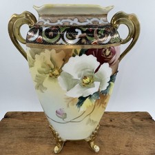 Vase Antique Nippon Hand-Painted Porcelain w/Double Handle Floral Gold Gilt picture