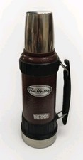 Vintage Tim Hortons Thermos Brand Burgundy Insulated Coffee Flask Cup Handle Exc picture