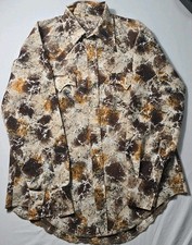 VTG 70s Wrangler Western Pearl Snap Shirt Mens L 16.5 Abstract Bark Marble Disco picture