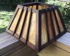 Antique Arts & Crafts Mission Wood & Slag Glass Table Lamp Shade Tudor    picture