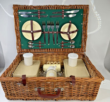 Vtg Optima Made in England Wicker Picnic Basket Set w/ accessories For 4 picture