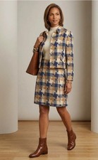 Vintage 60s Tweed Dress Suit 2Pc Navy Cream Gold Button Plaid Dark Academia Sz 4 picture