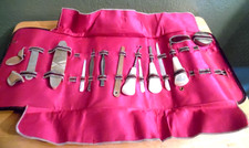ANTIQUE 12 PIECE MANICURE SET MOTHER OF PEARL HANDLES IN SILK LINED LEATHER CASE picture