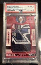 2021-22 Upper Deck Premier Mega Patch Comm Logo Connor Hellebuyck 4/4 PSA 7 picture