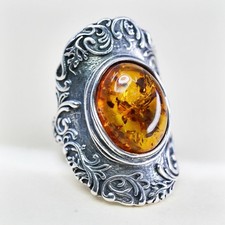 Size 7.25, Israel PZ Israel Sterling Silver Oval Amber Ring, Leaf Vine Band picture