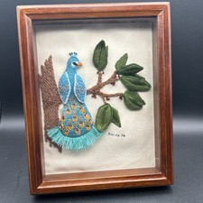 Vtg 3D Stumpwork Peacock Embroidery Shadow Box Signed Anita H Crewel Textile Art picture