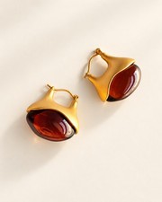 Vintage Amber Earrings 14K Gold Plated Red Brown Drop Dangle Jewelry picture