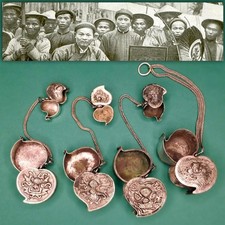 Rare set of 7 Antique Tobacco/Opium Boxes, Solid Silver, Vietnam–Laos, 1850-1930 picture