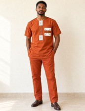 Men’s Handmade Togo African 2-Piece Clay Orange Outfit – Fits M / 32x32 picture