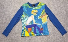 Vintage Y2K No Boundaries Juniors L 11/13 Blue Art Print Mesh Sleeve Stretch Top picture
