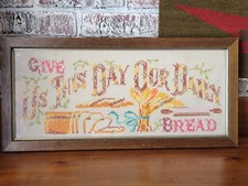 VTG 1958 Cross Stitch Embroidery Wall Art GIVE US THIS DAY OUR DAILY BREAD 21x10 picture