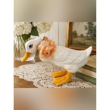 Vintage Eva H Pottery Ceramic Duck Figurine White Yellow Floral Accent 11