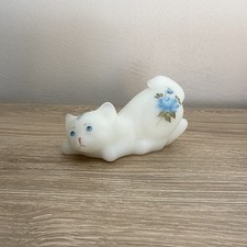 VTG Fenton Art Glass White Satin Blue Flowers Crouching Cat Kitten D.FREDRICK picture