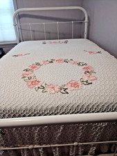 Vintage White Pink and Green Chenille Bedspread picture