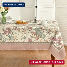 Floral Square Tablecloth 60x60 Inch, Pink Birds Elegant Vintage Washa picture