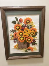 Vintage 1970’s Framed Crewel Embroidery Sunflower Floral Basket Wall Art picture