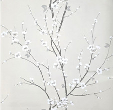 Taupe beige gray white watercolor cherry blossom branches Chinoiserie wallpaper picture