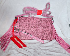 Montana West Pink Embossed Floral Fringe Zip Wristlet Crossbody Bag w/ Strap picture