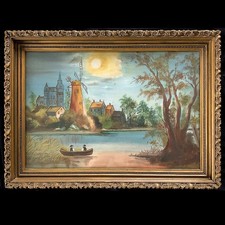 Antique Dutch Folk Art Windmill Water Boat Village Landscape Painting on Board picture