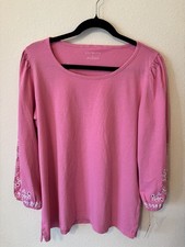 TALBOTS PINK 100% Cotton Knit Top, 3/4 Sleeve Eyelet Embroidery, Medium picture