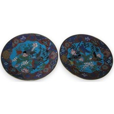 Antique Pair Chinese Cloisonné Bronze Platters Birds Flowers 19th Century picture