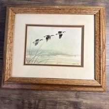 Matthew Hillier Signed Print Wooden Matted Framed 3 Geese Flying Over Beach picture