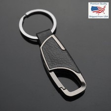 Men's Women's Gun Metal Black & Leather Clip Keychain Car Key Ring Fob Holder  picture