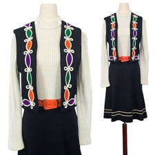 1960s Vintage Folk Dress Vest Belt Set 60s Black Knit Orange Green Purple Small picture