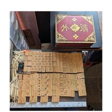Antique 20s Admiral Mahjong Set Bone Bamboo Tiles Sticks Tin Box Hand Carved picture