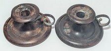 Pair Early 19th C Antique Brass Chambersticks Copper-Rich Candle Holders picture