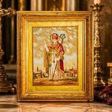 Rare Antique Religious Textile Artwork 19th Century Catholic Saint Bishop picture