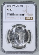 1967 S$1 CANADA SILVER FLYING GOOSE DOLLAR NGC MS62 UNCIRCULATED COIN picture