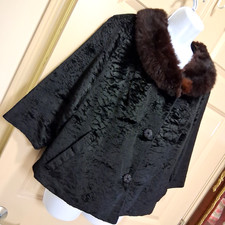 Vintage 60s Plush Black Crushed Velvet Short Jacket with Soft Fur Collar Medium picture