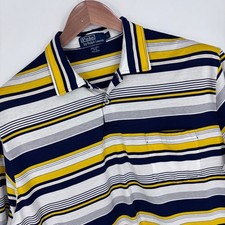 VTG Polo Ralph Lauren Pima Cotton Striped Pocket Polo Mens L Navy Yellow Pony picture