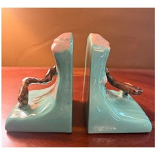 Vintage c. 1949 Roseville Pottery Ming Tree Bookends 559 Blue Turquoise A Pair picture